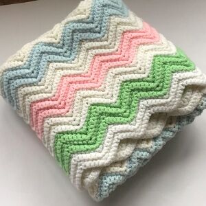 Vintage granny chevron baby afghan,large,nursery. White green yellow pink blue